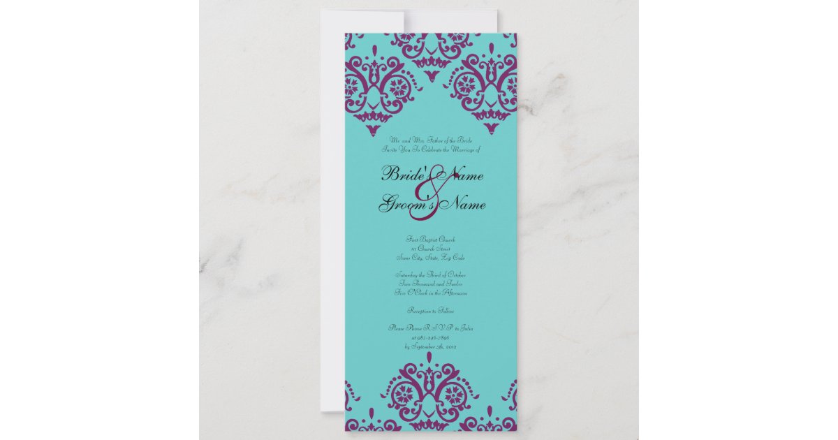 Purple And Teal Damask Wedding Invitation Zazzle