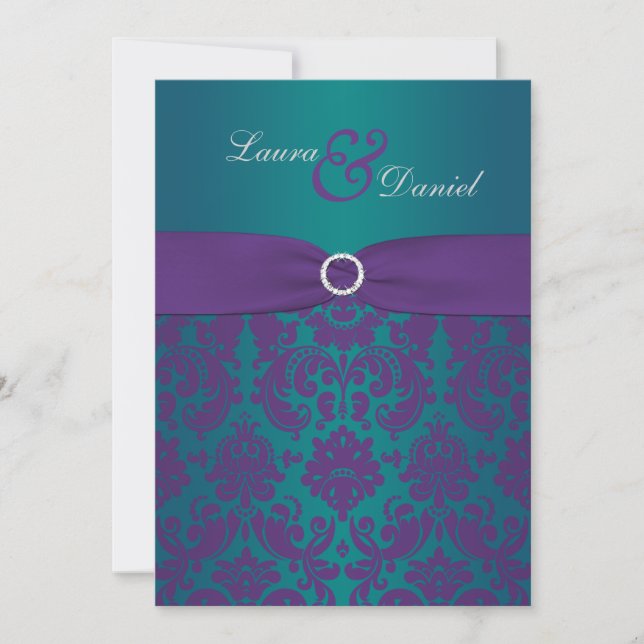 Purple and Teal Damask Wedding Invitation (Front)