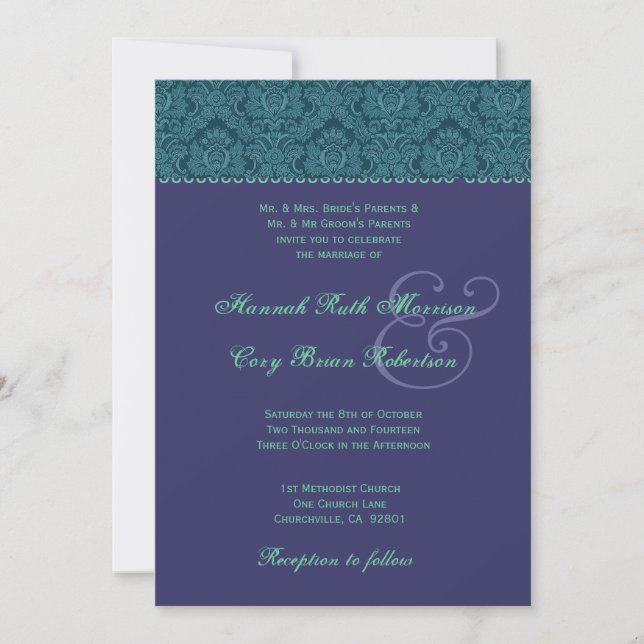 Purple and Teal Damask Wedding Invitation R442 (Front)