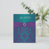 Purple and Teal Damask Wedding RSVP Card (Standing Front)