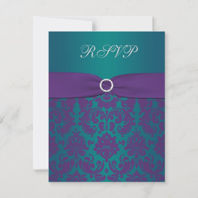 Purple and Teal Damask Wedding RSVP Card (Front)