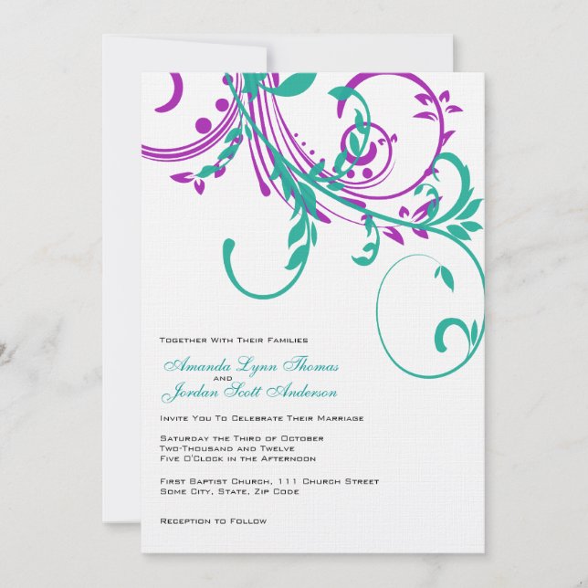 Purple and Teal Double Floral Wedding Invitation (Front)