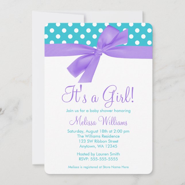 Purple and Teal Faux Bow Polka Dot Baby Shower Invitation (Front)