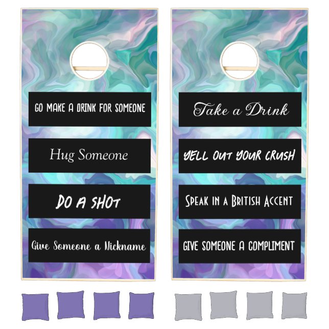 Purple and Teal Faux Marble | Funny Rules Cornhole Set (Set)