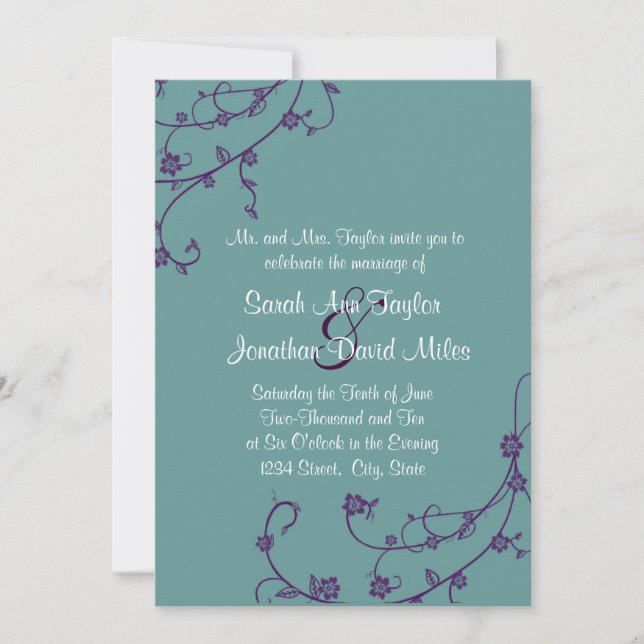 Purple and Teal Floral Swirl Wedding Invitation (Front)