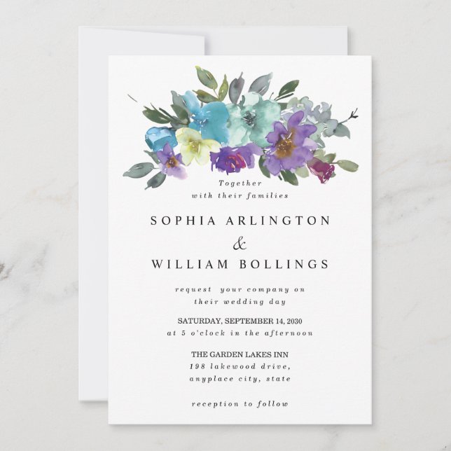 Purple and Teal Floral Wedding Invitations (Front)