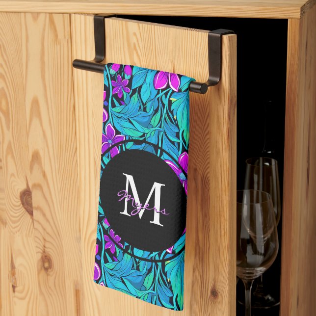 Purple and Teal Flowers and Foliage Personalized Kitchen Towel (Thirds Fold)