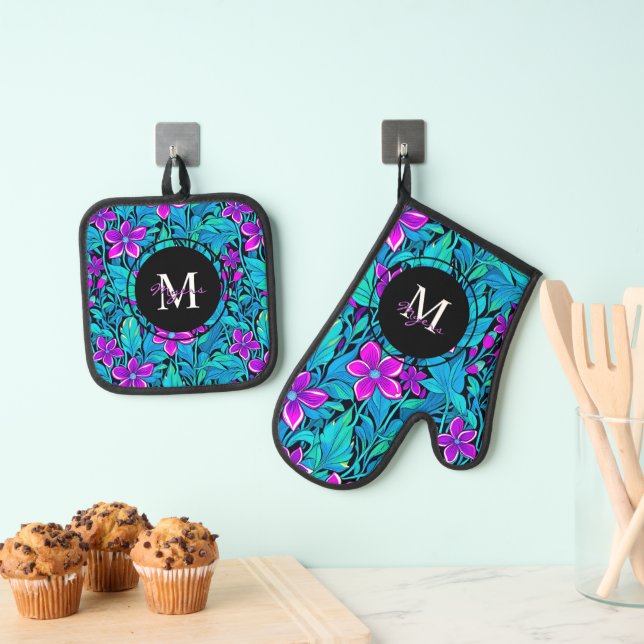 Purple and Teal Flowers and Foliage Personalized Oven Mitt & Pot Holder Set (Insitu(Hanging))