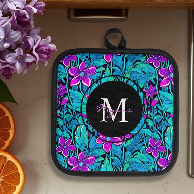 Purple and Teal Flowers and Foliage Personalized Pot Holder (Creator Uploaded)