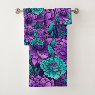 Purple And Teal Flowers Bath Towel Set