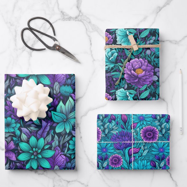 Purple And Teal Flowers Wrapping Paper Sheets (Front)