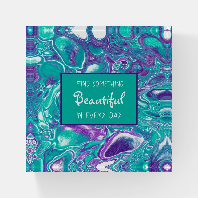 Purple and Teal Fluid Art Marble like Art  Quote Paperweight (Front)