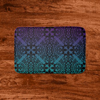 Purple And Teal Gradient Black Damask Pattern Bath Mat by machomedesigns at Zazzle