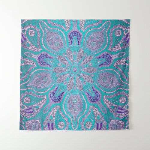 Purple and Teal Green Floral Mandala Wall Tapestry