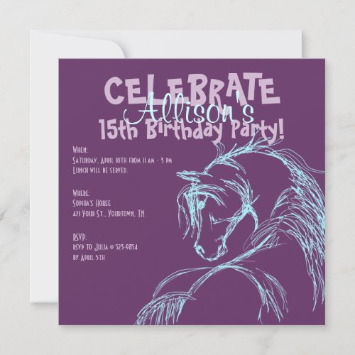 Purple and Teal Horse Head Sketch Birthday Invite