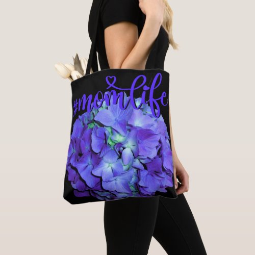 Purple and teal hydrangea momlife tote bag
