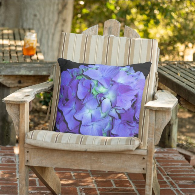 Purple and teal hydrangea, purple blue flowers  outdoor pillow (Chair)