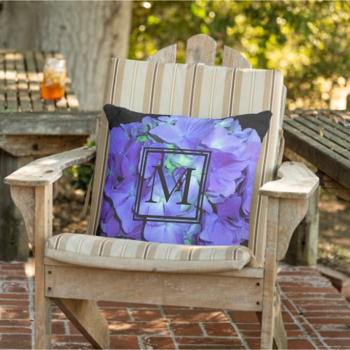 Purple and teal hydrangea purple blue flowers  outdoor pillow