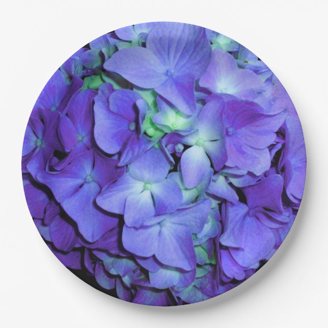 Purple and teal hydrangea, purple blue flowers  paper plates (Front)