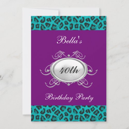 Purple and Teal Leopard Birthday Party Invitation