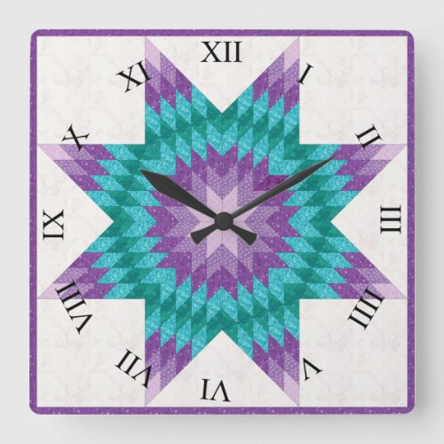 Purple and Teal Lone Star Quilt Design Square Wall Clock