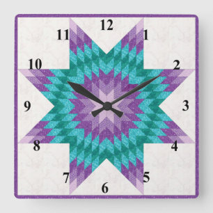 Purple and Teal Lone Star Quilt Design Square Wall Clock