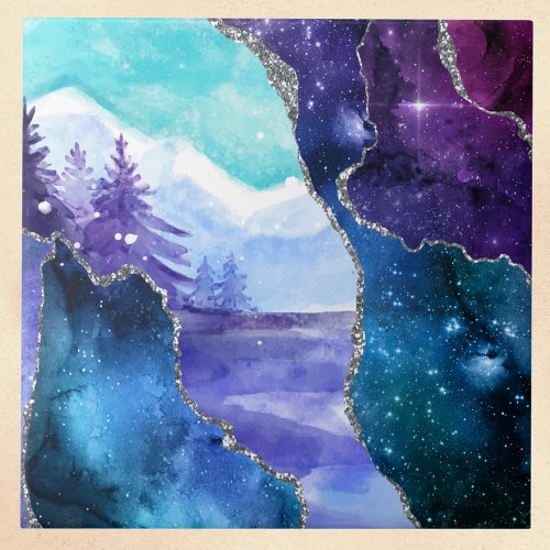 Purple and Teal Magical Snowy Lake and Forest Ceramic Tile