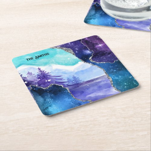 Purple and Teal Magical Snowy Lake and Forest Square Paper Coaster