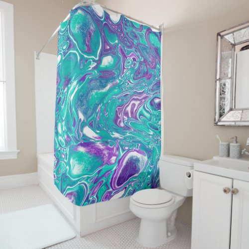 Purple and teal marble fluid art cells shower curtain