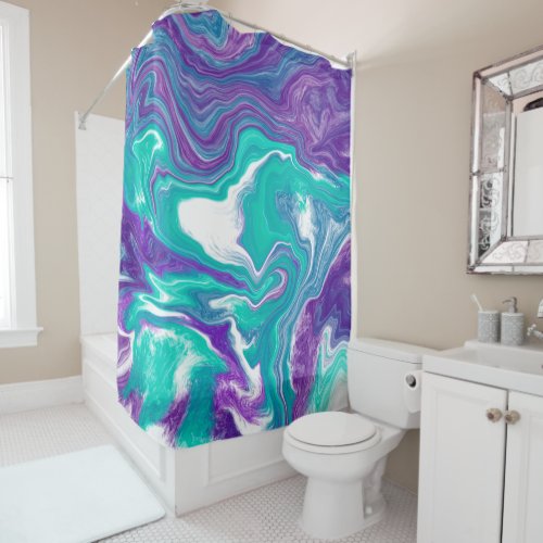 Purple and teal marble fluid art shower curtain