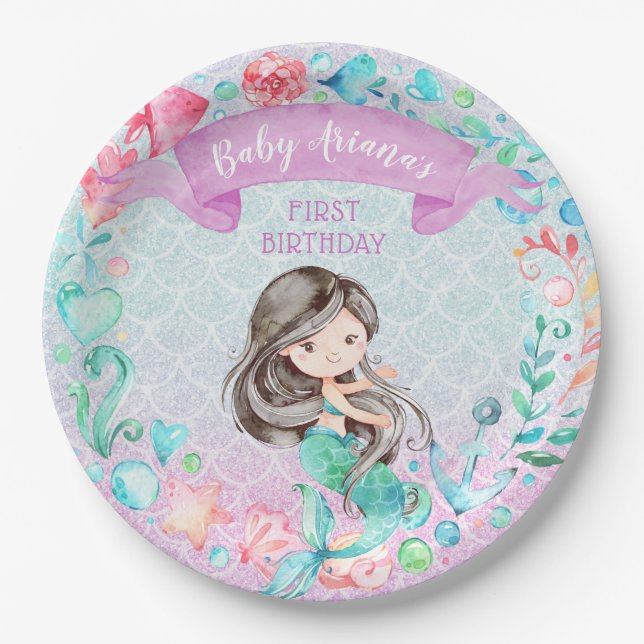 Purple and Teal Mermaid Custom First Birthday Paper Plates (Front)