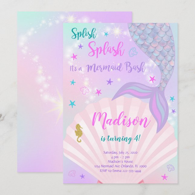 Purple and Teal Mermaid Tail Birthday Invitation (Front/Back)