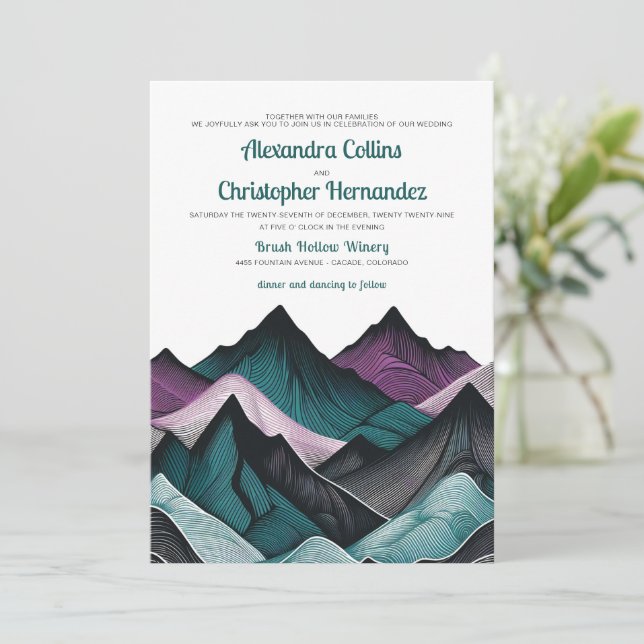 Purple and Teal Mountain Wedding Invitation (Standing Front)