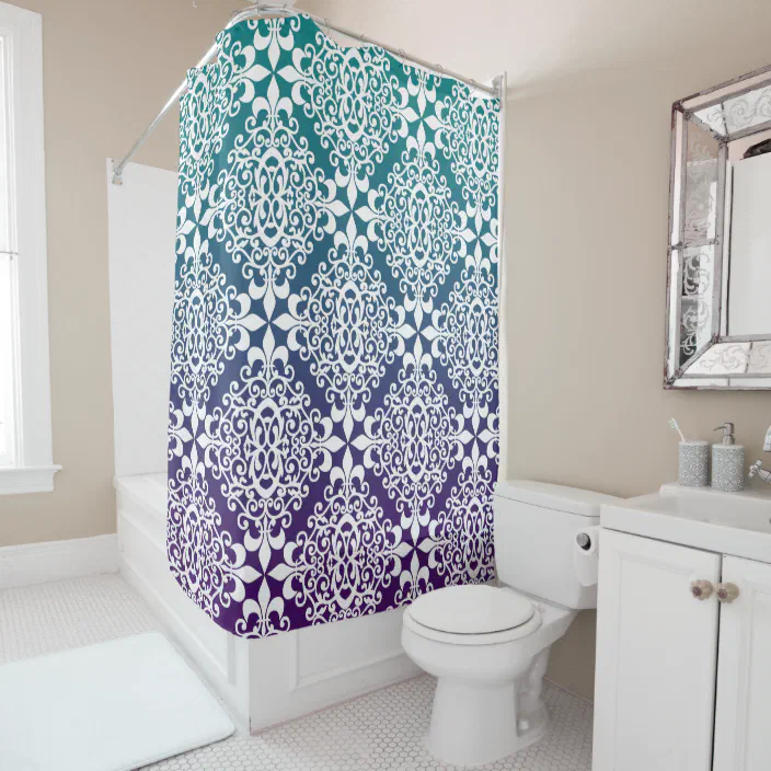 Purple And Teal Ombre Ornate Damask, Shower Curtain Purple Teal