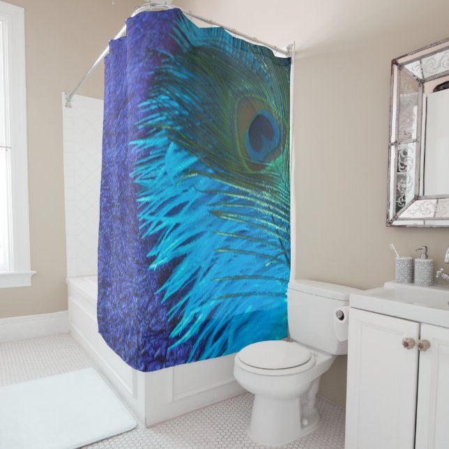 Purple and Teal Peacock Shower Curtain (In Situ)