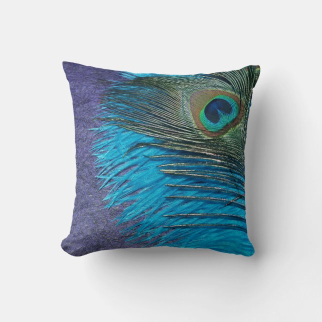 Purple and Teal Peacock Throw Pillow (Front)