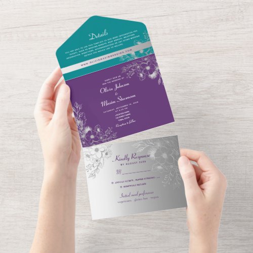 Purple and Teal Silver Wedding All In One Invitation