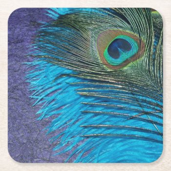 Purple And Teal Square Paper Coaster by Peacocks at Zazzle