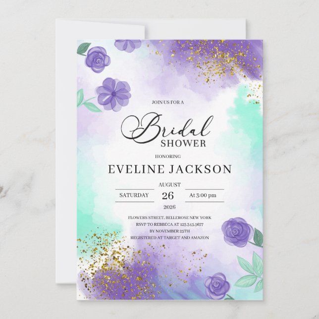 Purple and teal turquoise gold bridal shower invitation (Front)