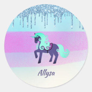 Purple and Teal Unicorn with Faux Dripping Glitter Classic Round Sticker