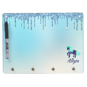 Purple and Teal Unicorn with Faux Dripping Glitter Dry Erase Board With Keychain Holder