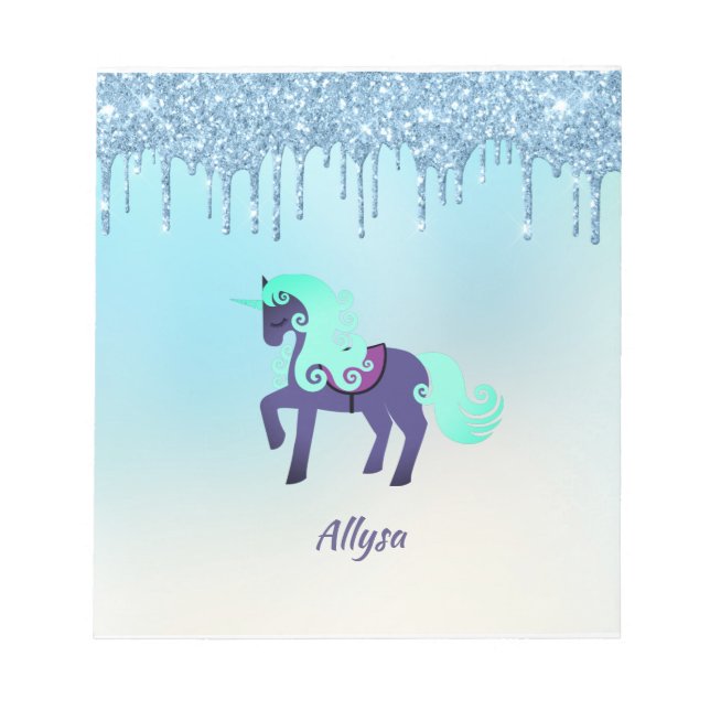 Purple and Teal Unicorn with Faux Dripping Glitter Notepad (Front)