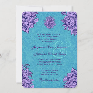 Purple and Teal Vintage Flowers Wedding V33 Invitation