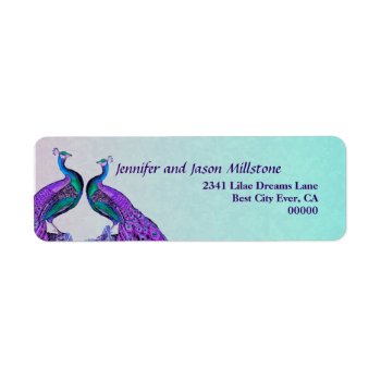Purple And Teal Vintage Peacocks Wedding Label by JaclinArt at Zazzle