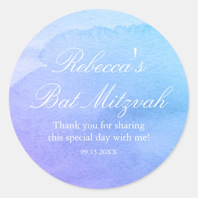 Purple and Teal Watercolor Bat Mitzvah Favor Classic Round Sticker (Front)
