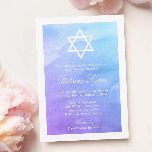 Purple And Teal Watercolor Bat Mitzvah Invitation 