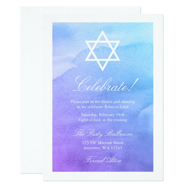 Purple And Teal Watercolor Bat Mitzvah Reception Card