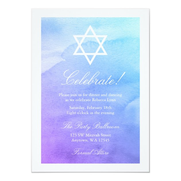 Purple And Teal Watercolor Bat Mitzvah Reception Card