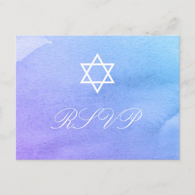 Purple and Teal Watercolor Bat Mitzvah RSVP Invitation Postcard (Front)