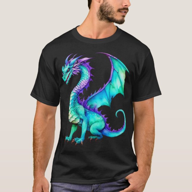 Purple and Teal Watercolor Dragon T-Shirt (Front)